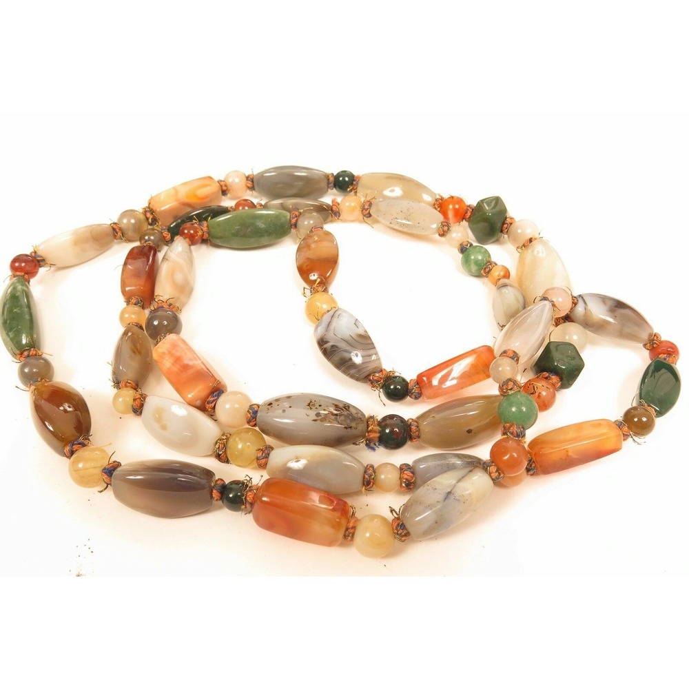 Vintage Beautiful Polished Agate Bead Multi Gemstone Necklace 48"‎
